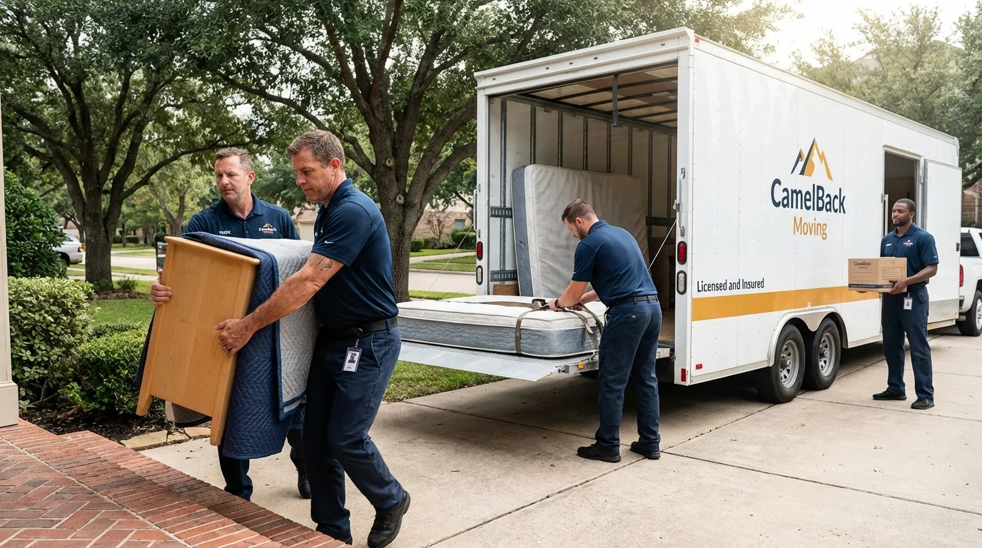 Crew loading residential truck for cross-state move from Camden, ME