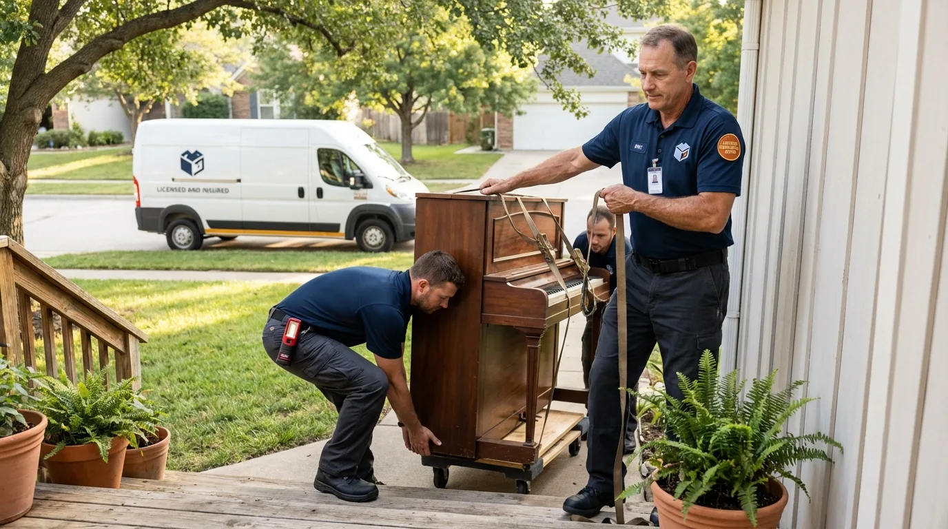 Licensed piano movers securing grand piano in Camden, ME