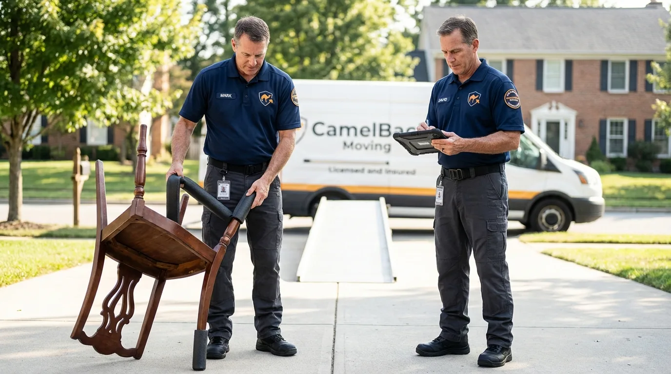 Movers inspecting furniture for damage prevention before loading in Camden, ME